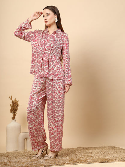 Red Co-Ord Set with Printed Fabric and Fancy Button