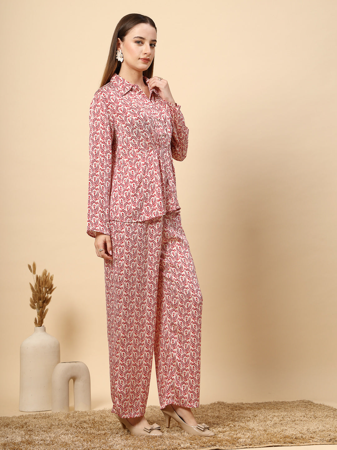 Red Co-Ord Set with Printed Fabric and Fancy Button