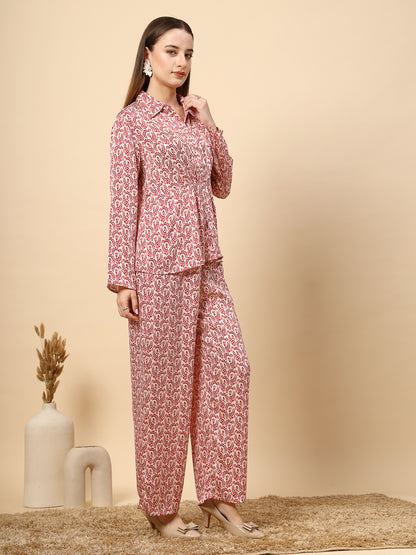 Red Co-Ord Set with Printed Fabric and Fancy Button