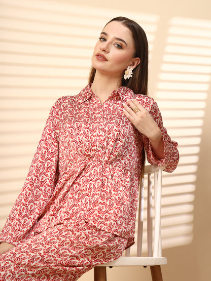 Red Co-Ord Set with Printed Fabric and Fancy Button