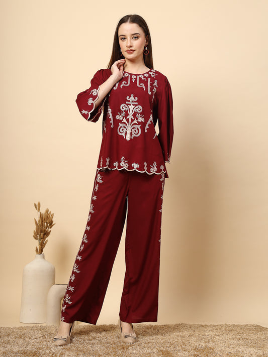 Elegant Maroon Embroidery Co-Ord Set