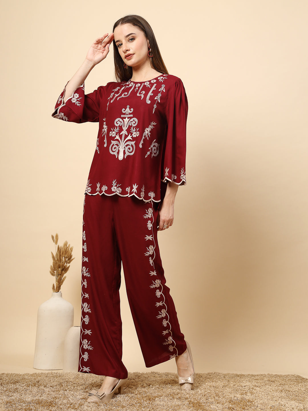 Elegant Maroon Embroidery Co-Ord Set