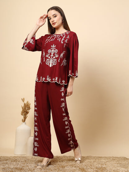 Elegant Maroon Embroidery Co-Ord Set