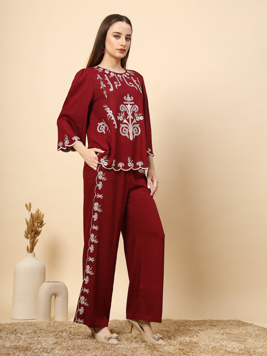 Elegant Maroon Embroidery Co-Ord Set
