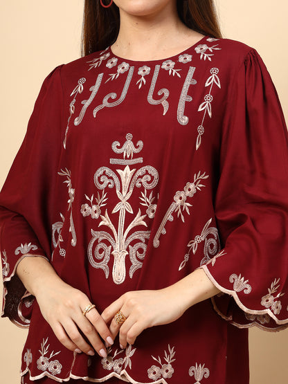 Elegant Maroon Embroidery Co-Ord Set