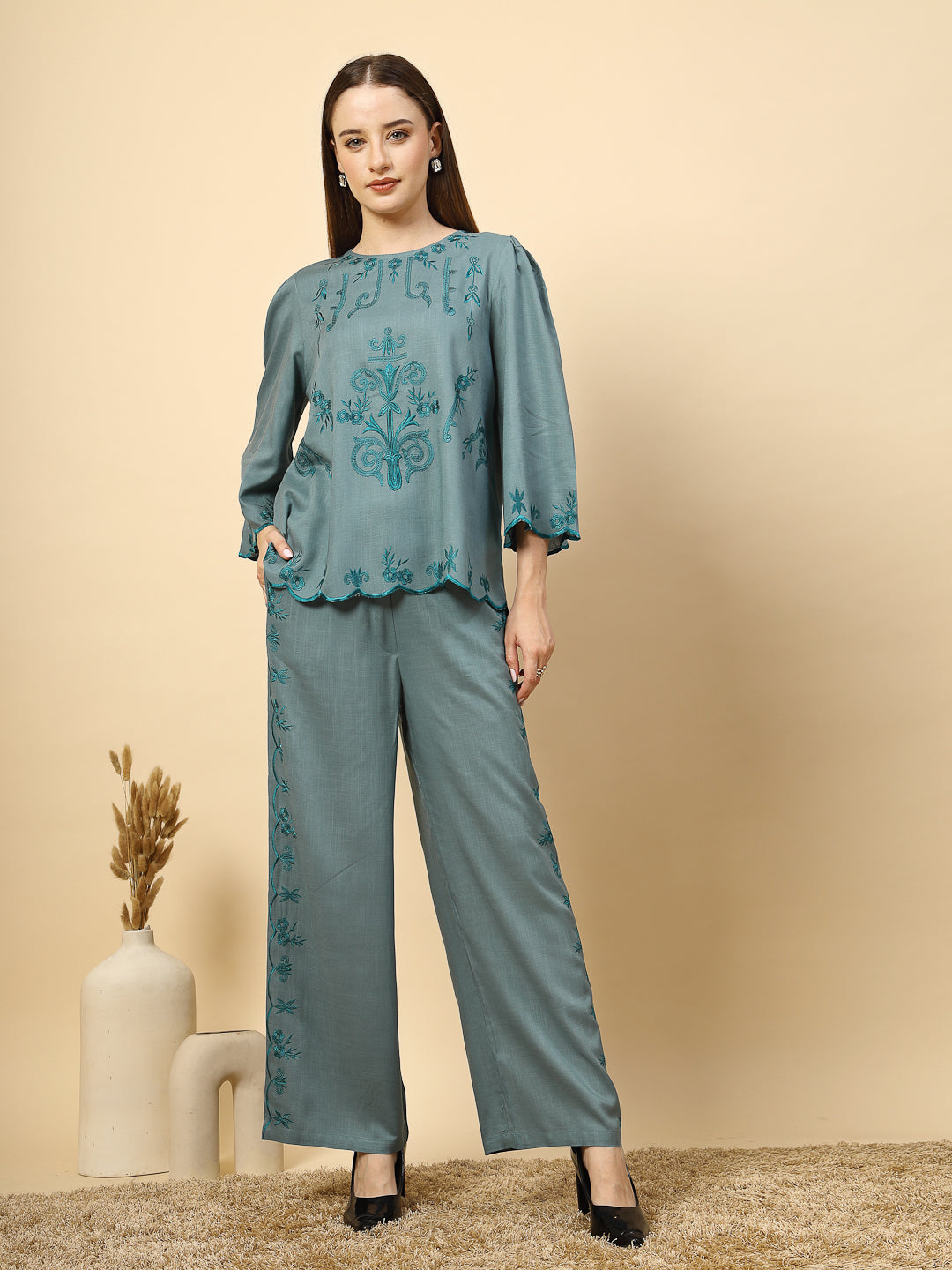 Elegant Steel Blue Embroidered Co-Ord Set