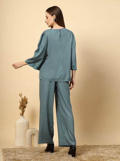 Elegant Steel Blue Embroidery Co-Ord Set