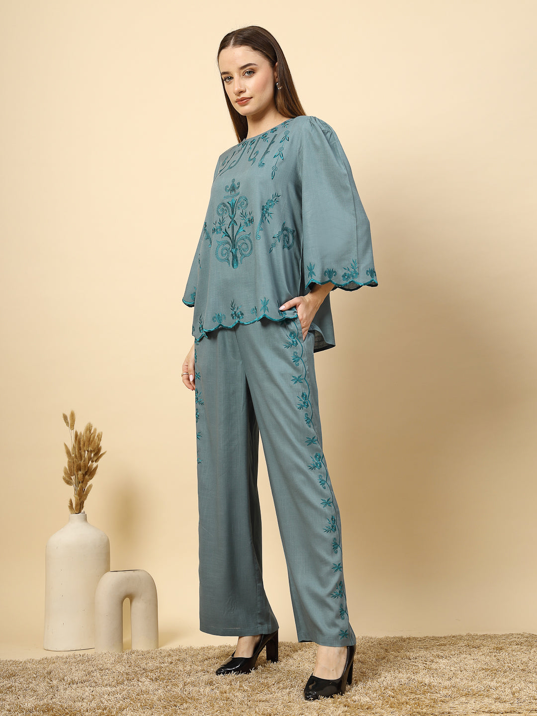 Elegant Steel Blue Embroidered Co-Ord Set