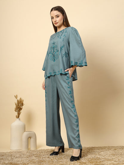 Elegant Steel Blue Embroidery Co-Ord Set