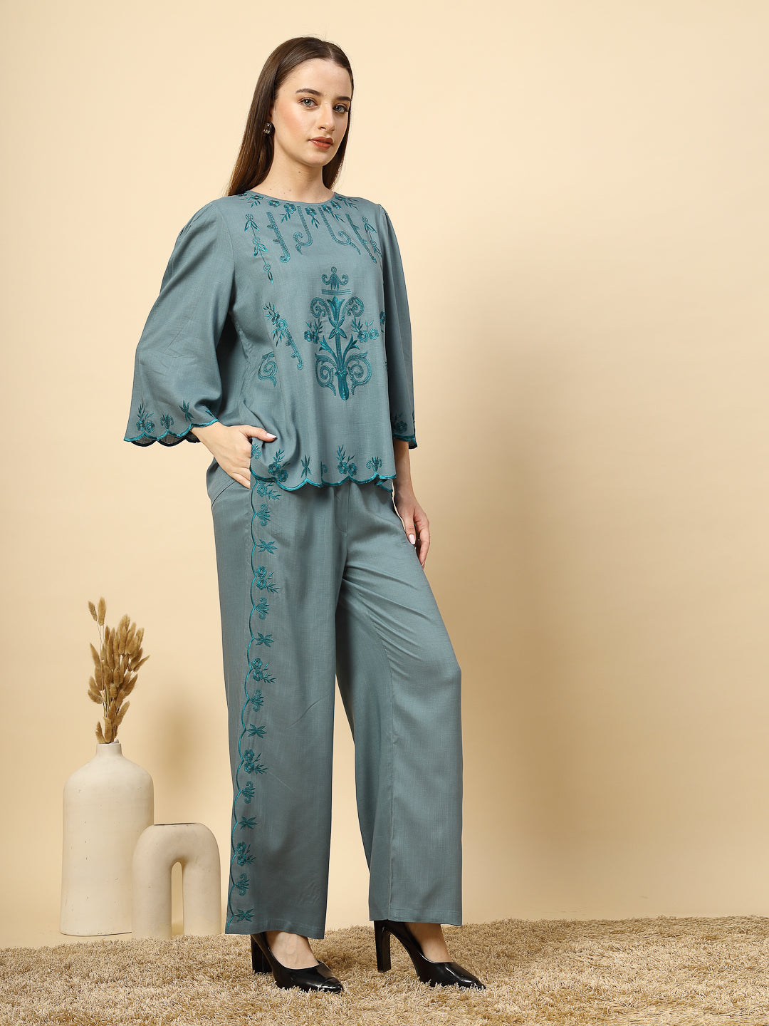 Elegant Steel Blue Embroidered Co-Ord Set