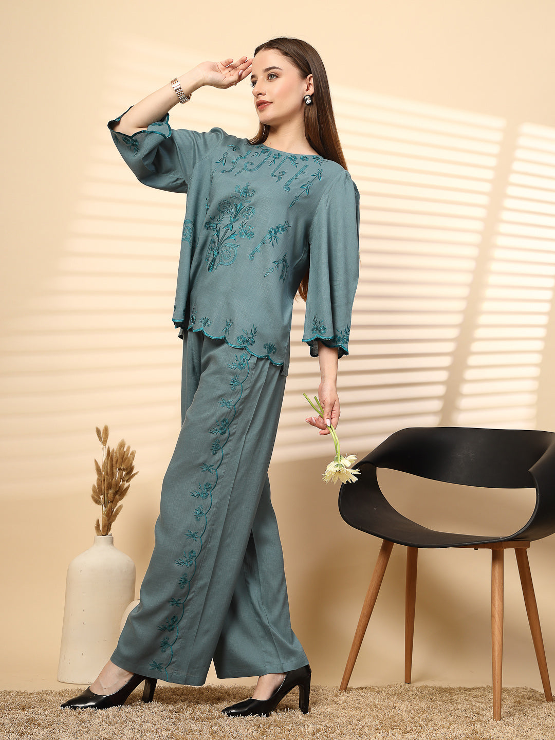 Elegant Steel Blue Embroidered Co-Ord Set