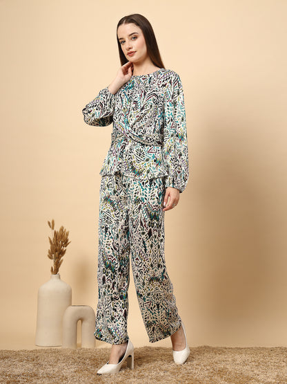 Gipsy Women Green Printed Satin Co-ord Set with Front Knotting