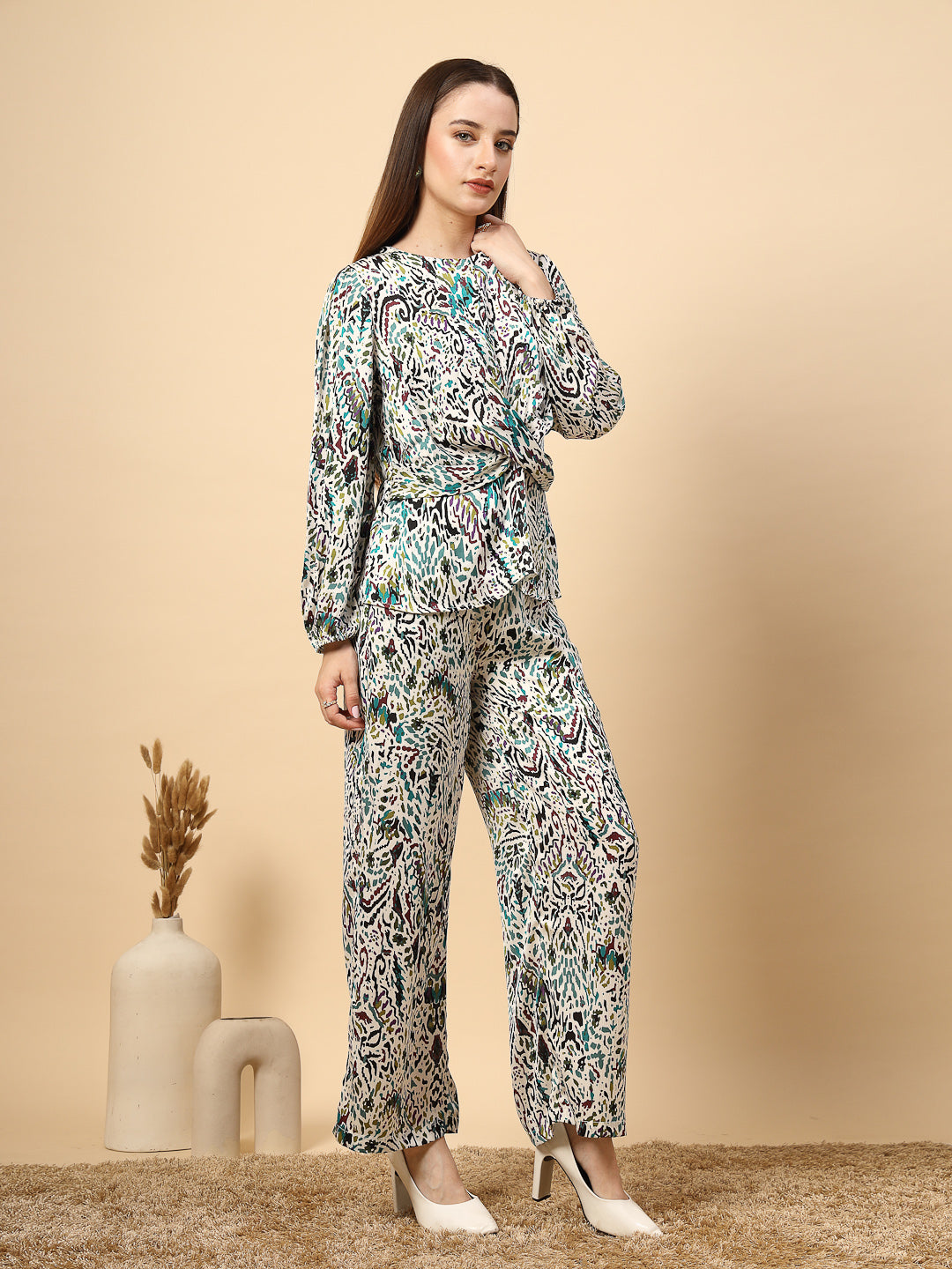 Gipsy Women Green Printed Satin Co-ord Set with Front Knotting