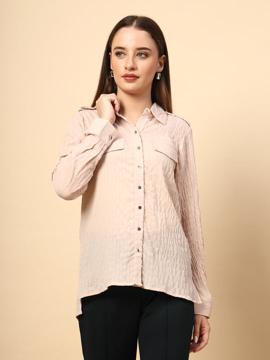 BeigeTextured Shirt with Front Metal Button