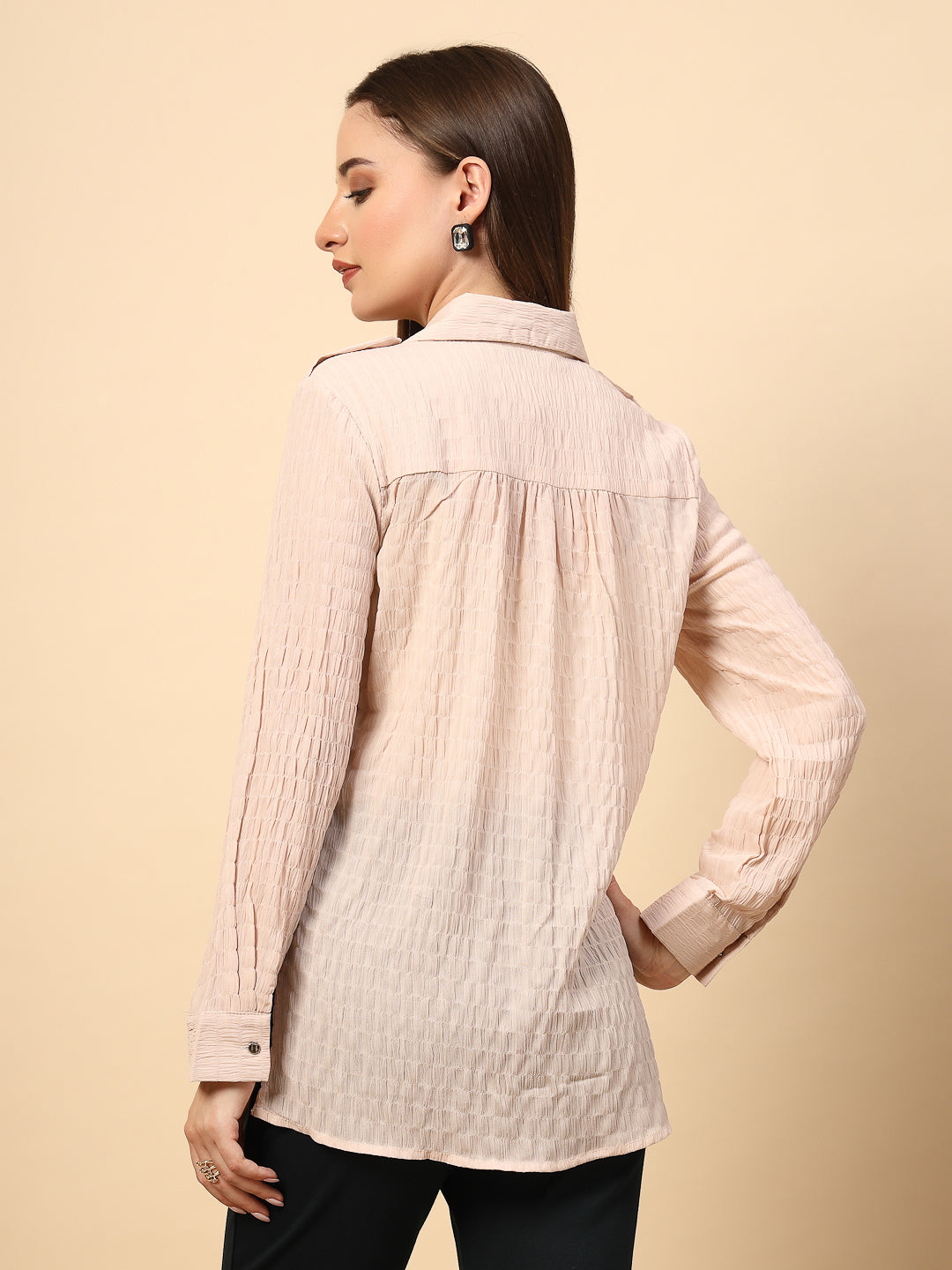 BeigeTextured Shirt with Front Metal Button