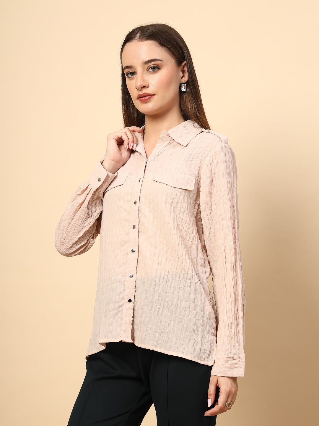 BeigeTextured Shirt with Front Metal Button