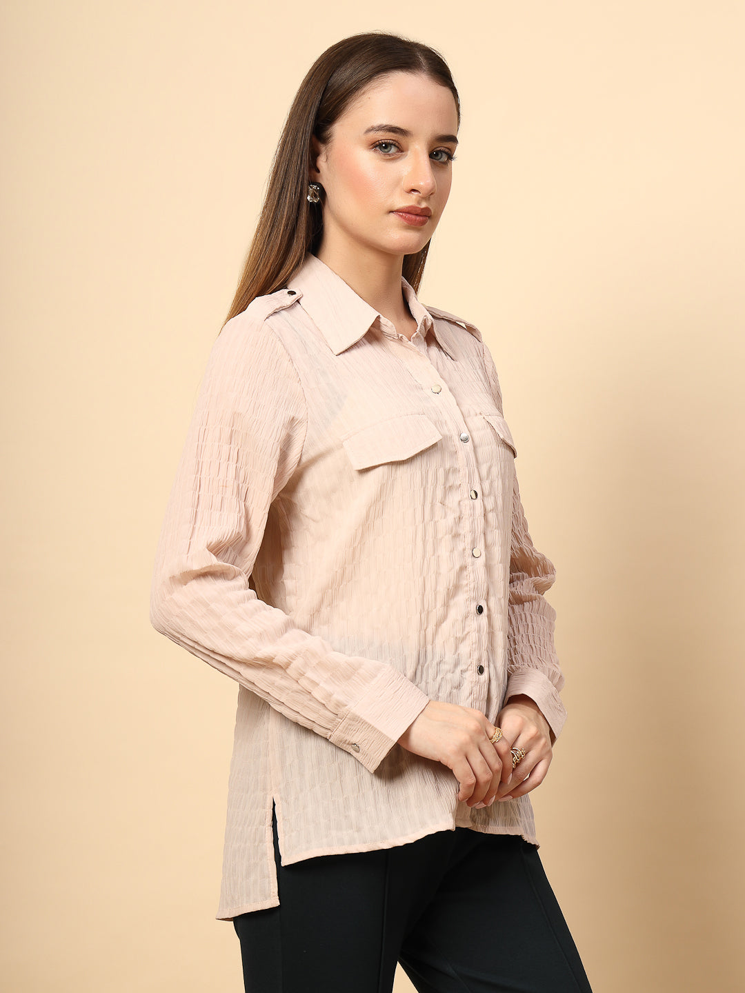 BeigeTextured Shirt with Front Metal Button