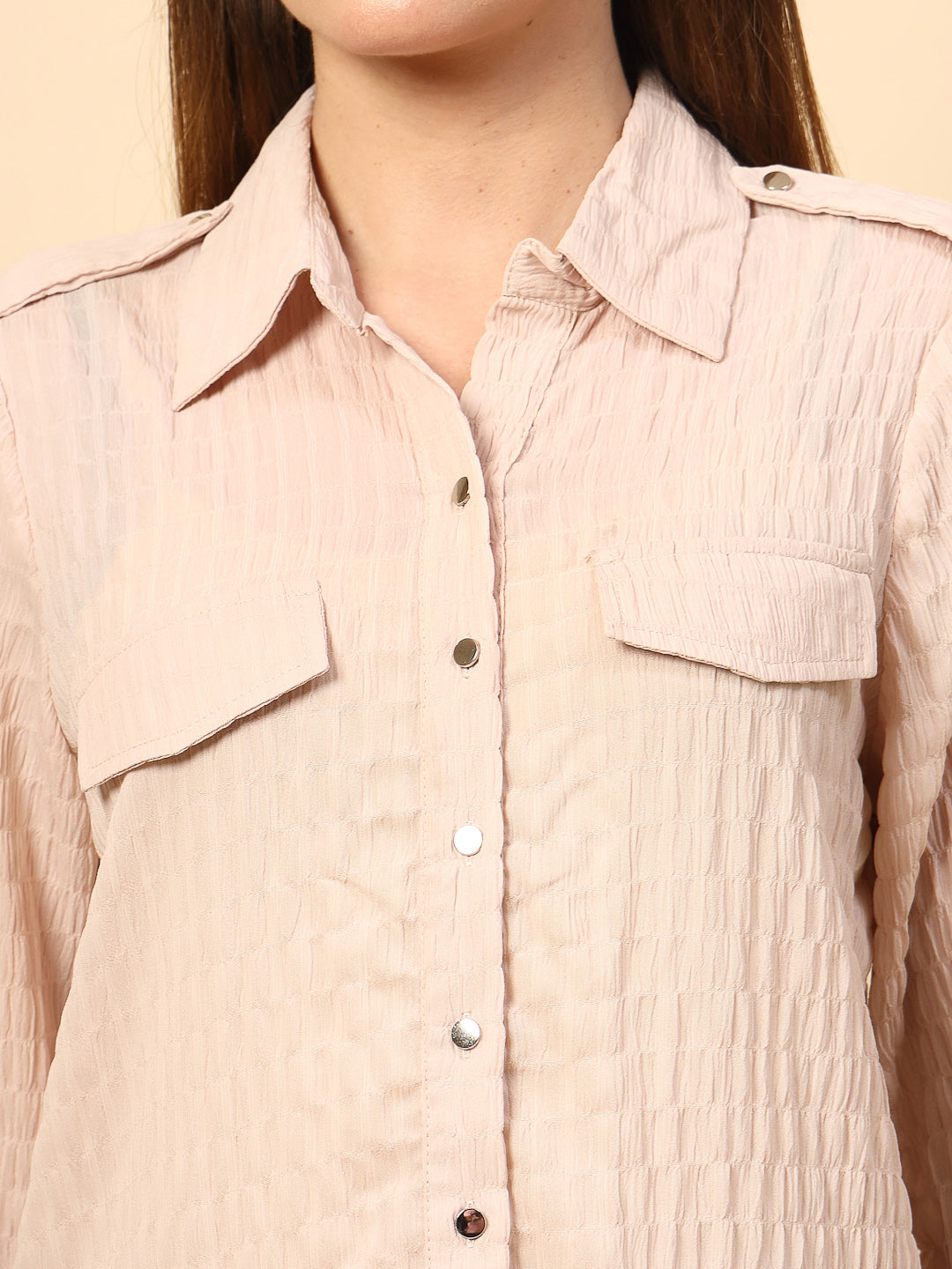 BeigeTextured Shirt with Front Metal Button