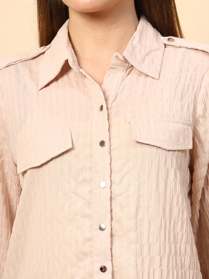 BeigeTextured Shirt with Front Metal Button