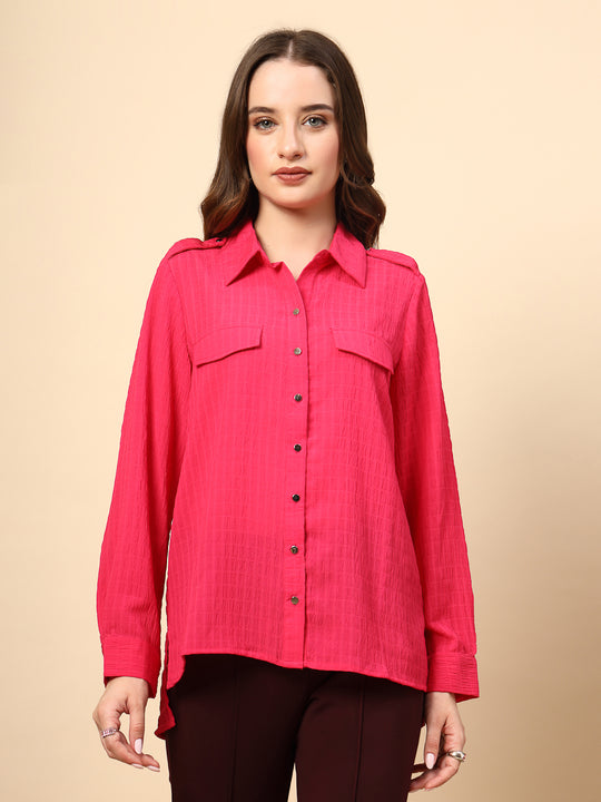 Fushia Textured Shirt with Front Metal Button