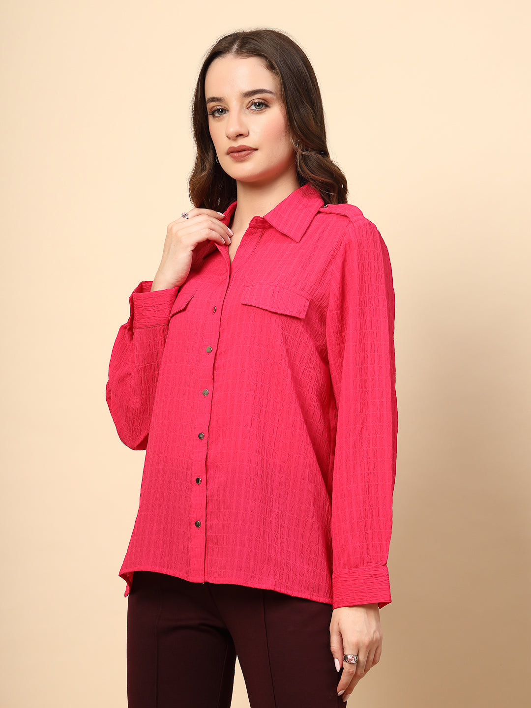 Fushia Textured Shirt with Front Metal Button