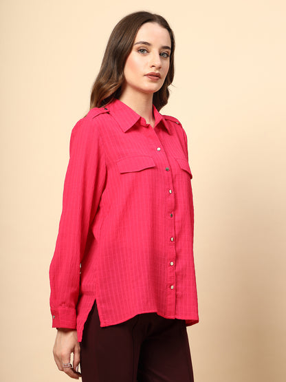 Fushia Textured Shirt with Front Metal Button
