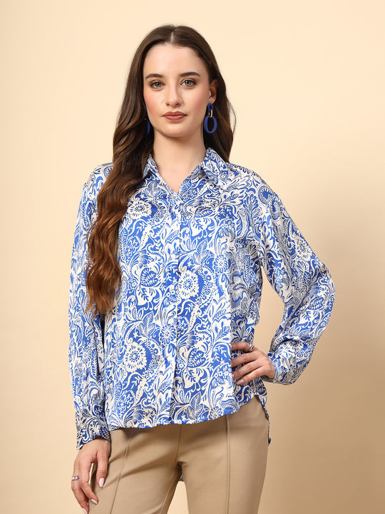 Blue Shirt with Printed Fabric