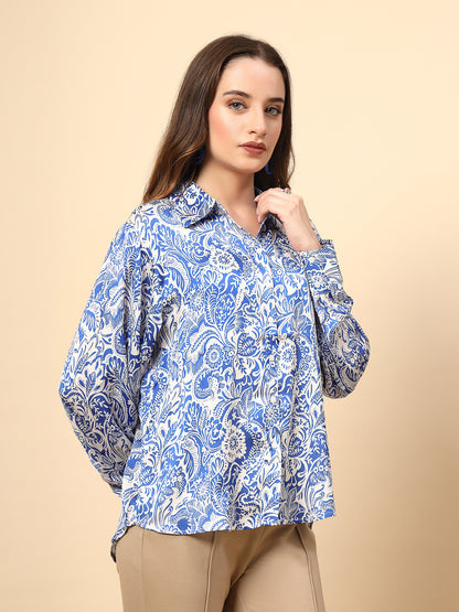 Blue Shirt with Printed Fabric