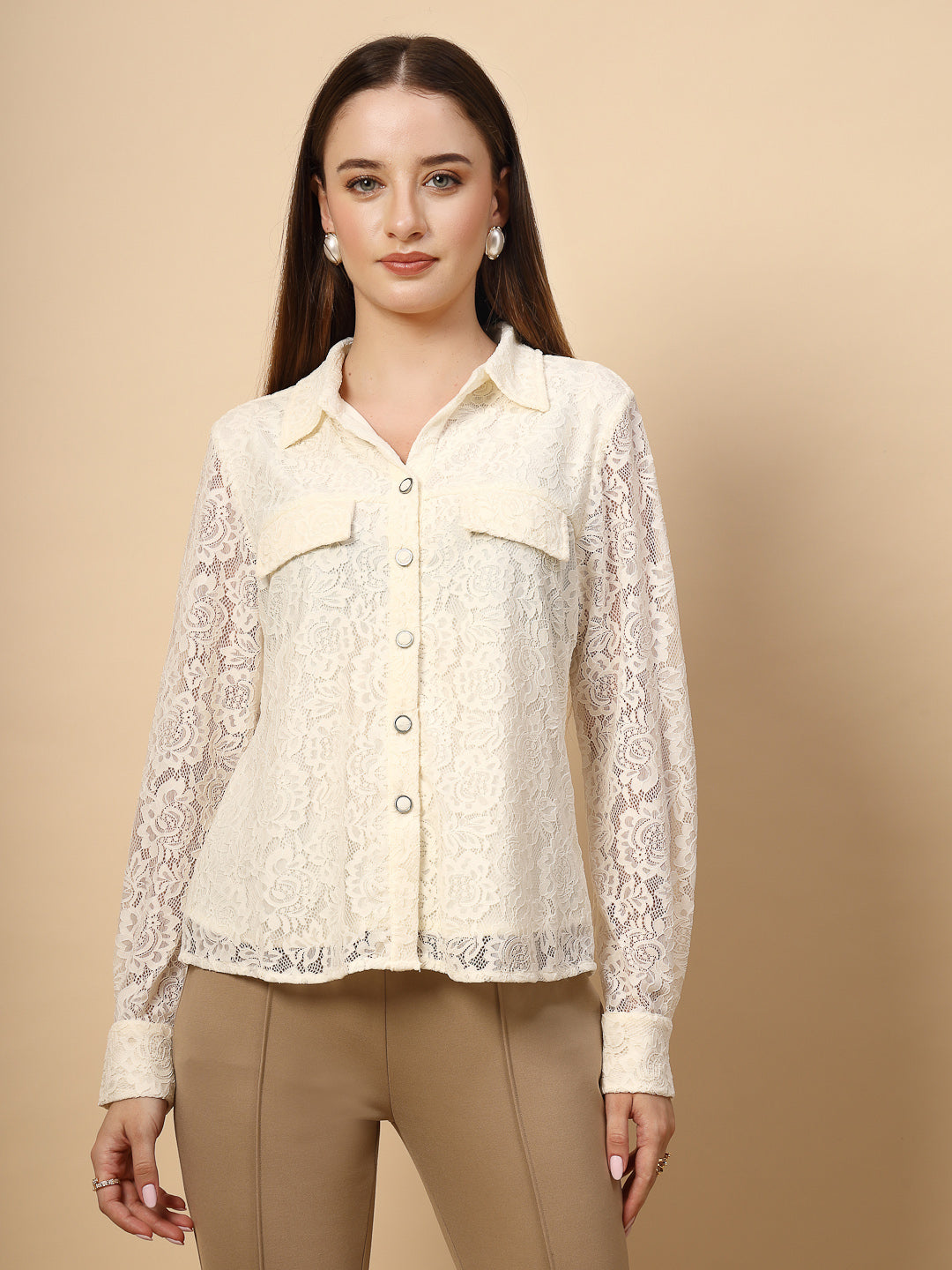 White Lace Textured Shirtt With Fabric Buttons