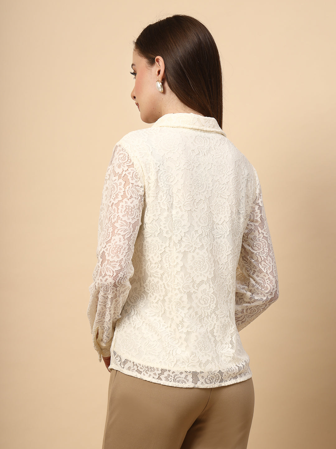 White Lace Textured Shirtt With Fabric Buttons