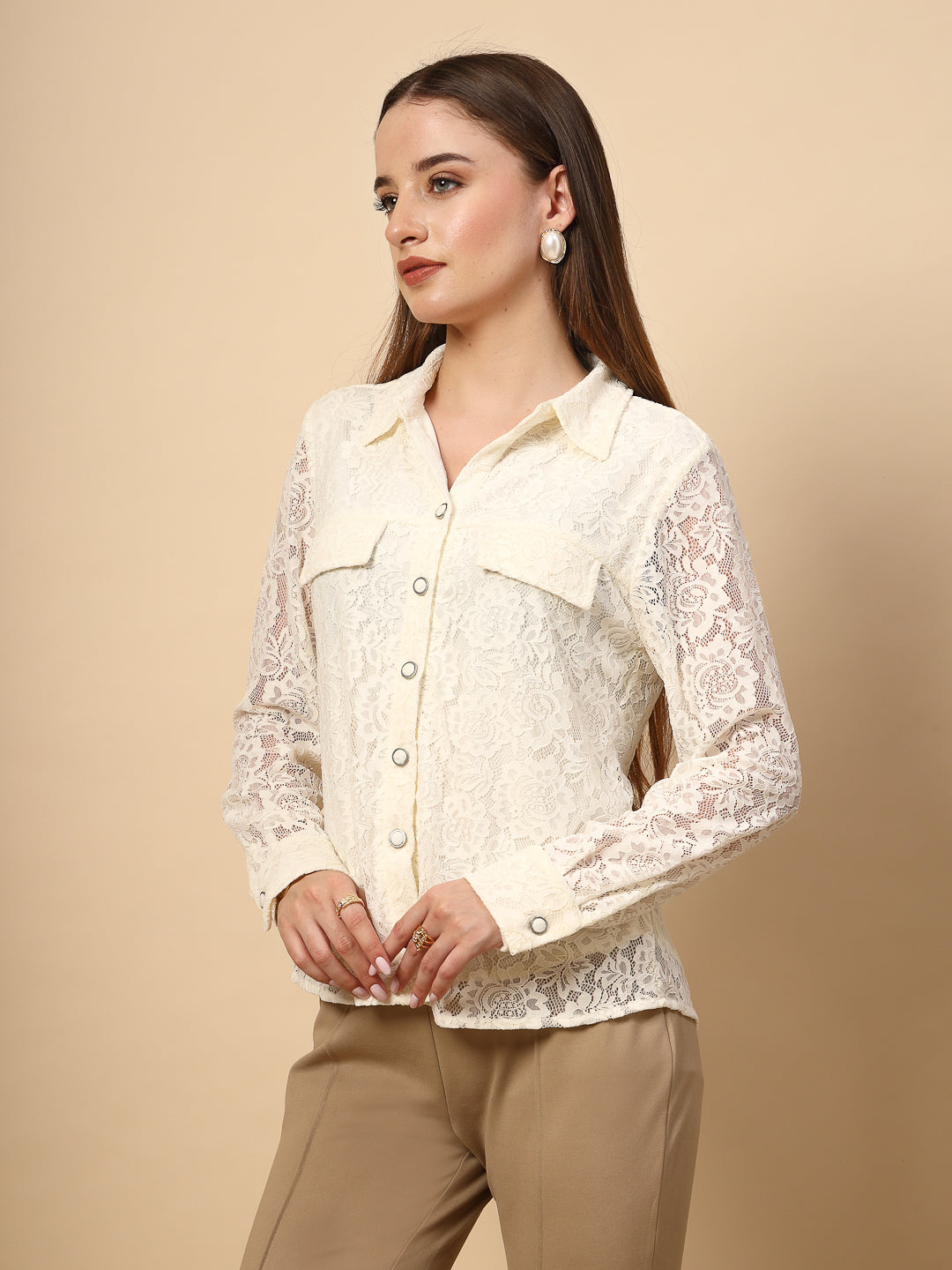 White Lace Textured Shirtt With Fabric Buttons