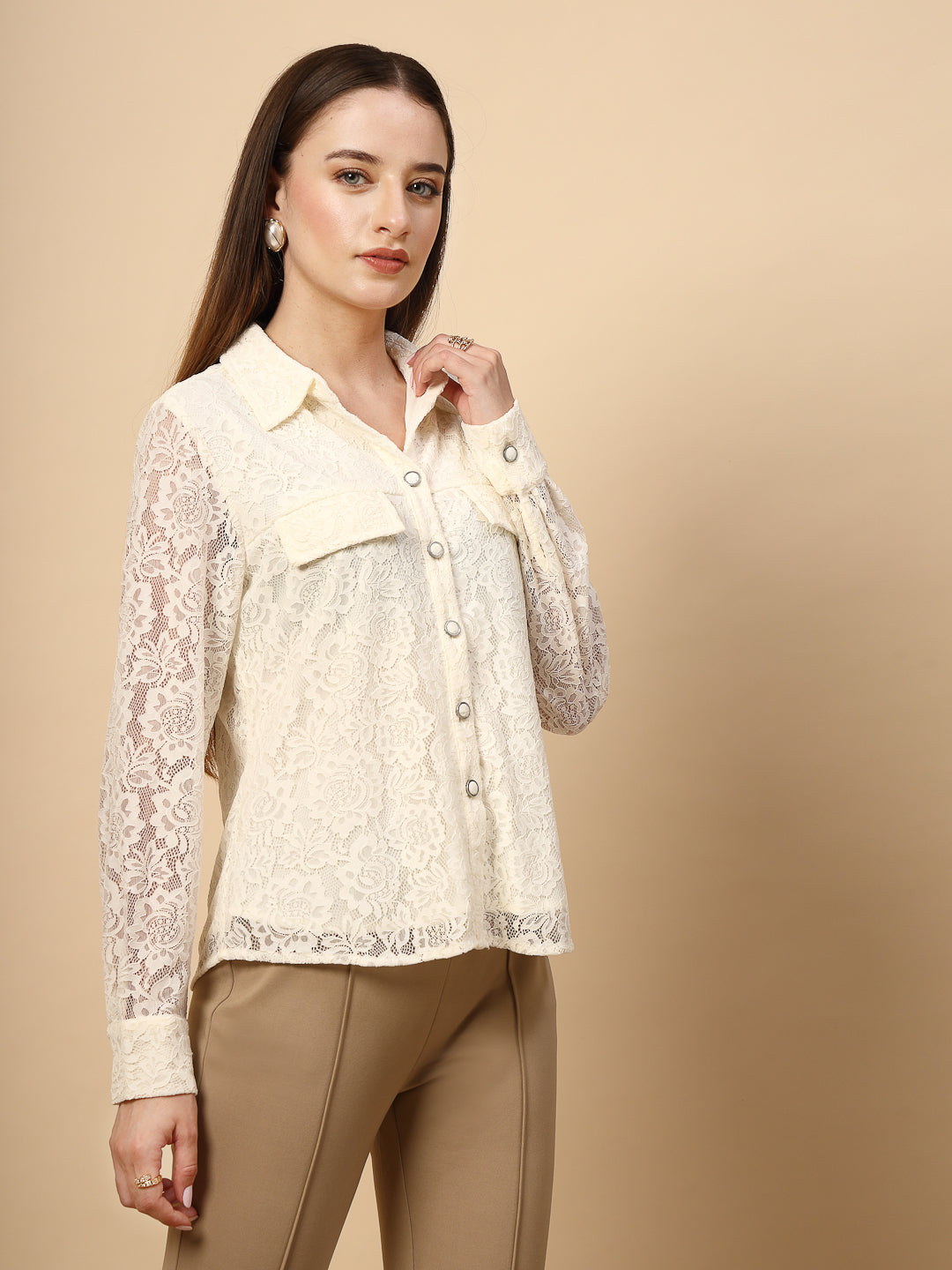 White Lace Textured Shirtt With Fabric Buttons