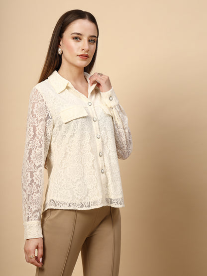 White Lace Textured Shirtt With Fabric Buttons