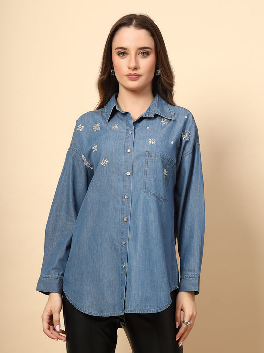 Steel Blue Denim Shirt with Mirror Work and Embellished Front