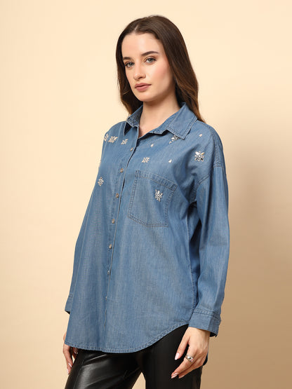 Steel Blue Denim Shirt with Mirror Work and Embellished Front