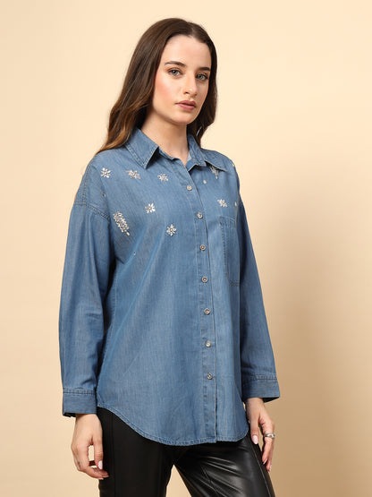 Steel Blue Denim Shirt with Mirror Work and Embellished Front