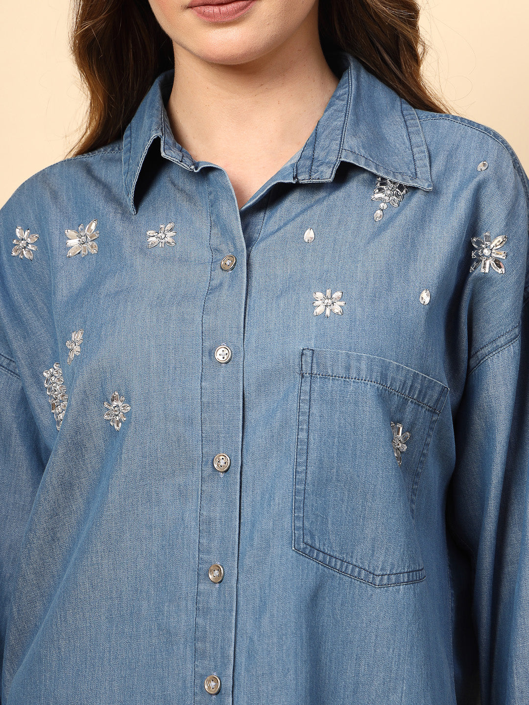 Steel Blue Denim Shirt with Mirror Work and Embellished Front
