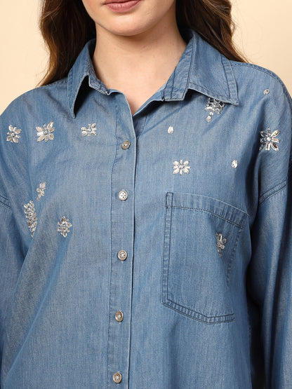 Steel Blue Denim Shirt with Mirror Work and Embellished Front