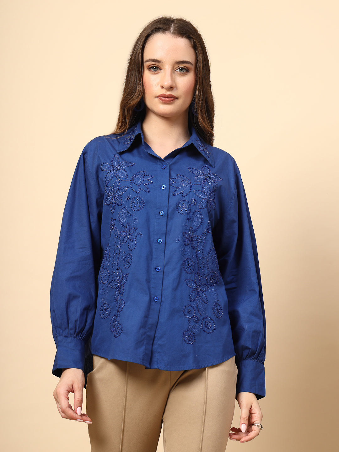 Cobalt Blue Cotton Shirt with Embroidery