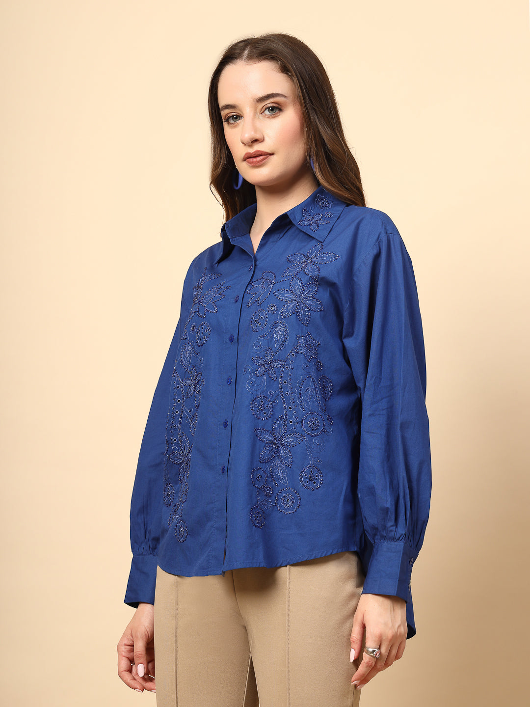 Cobalt Blue Cotton Shirt with Embroidery