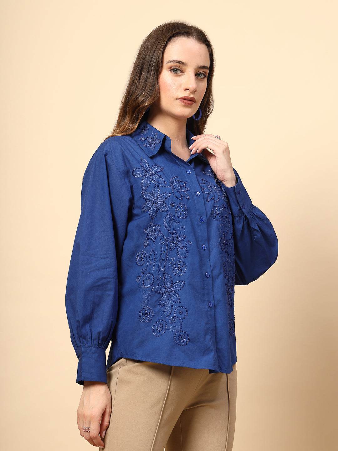 Cobalt Blue Cotton Shirt with Embroidery