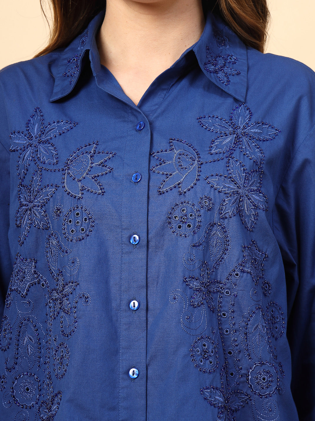 Cobalt Blue Cotton Shirt with Embroidery