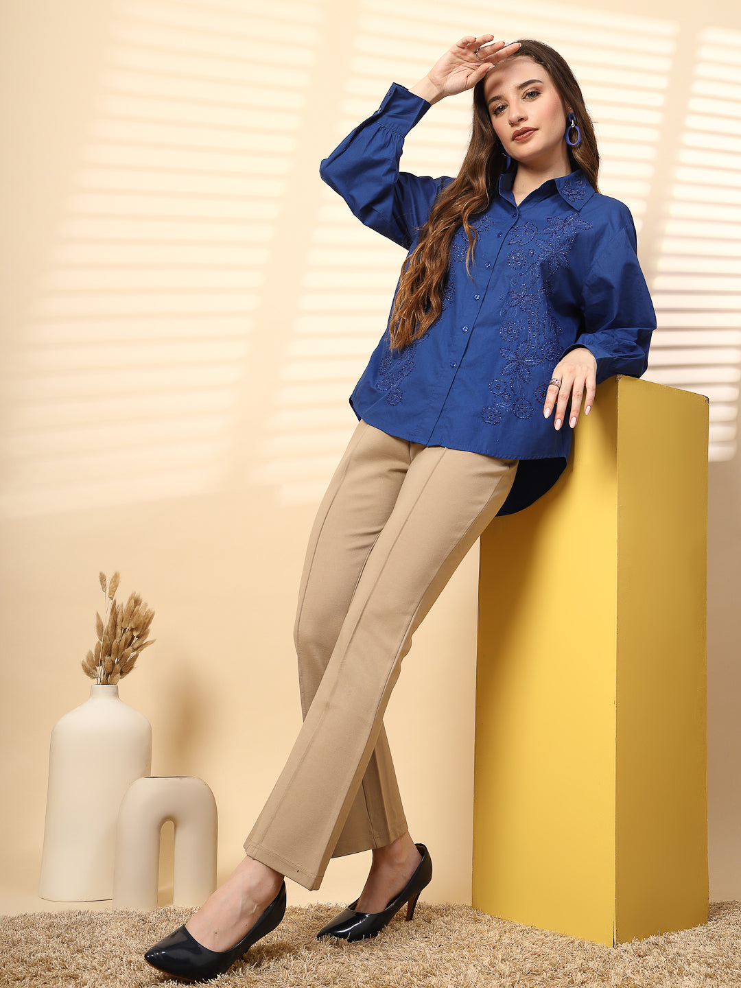 Cobalt Blue Cotton Shirt with Embroidery