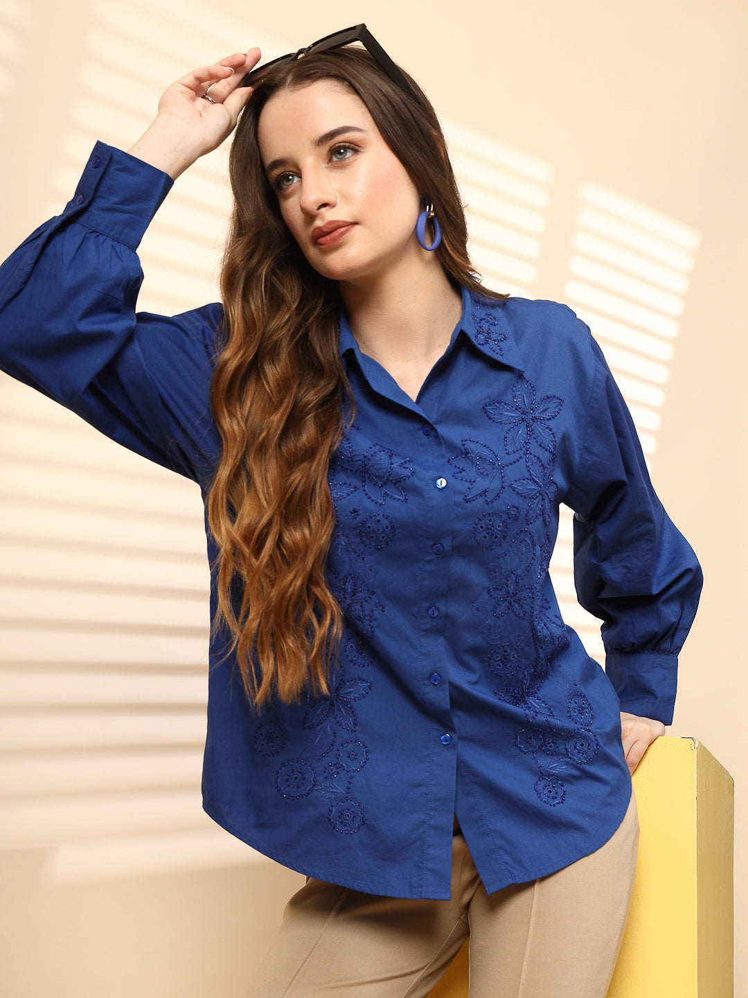 Cobalt Blue Cotton Shirt with Embroidery