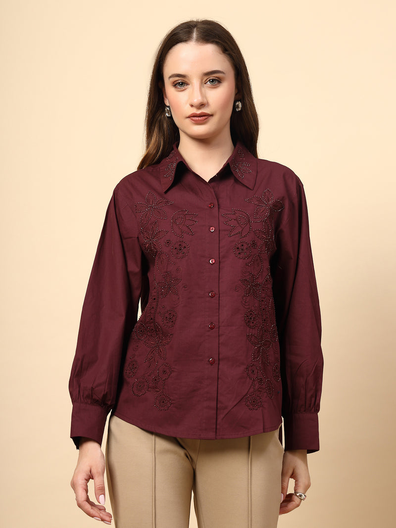 Wine Cotton Shirt with Embroidery