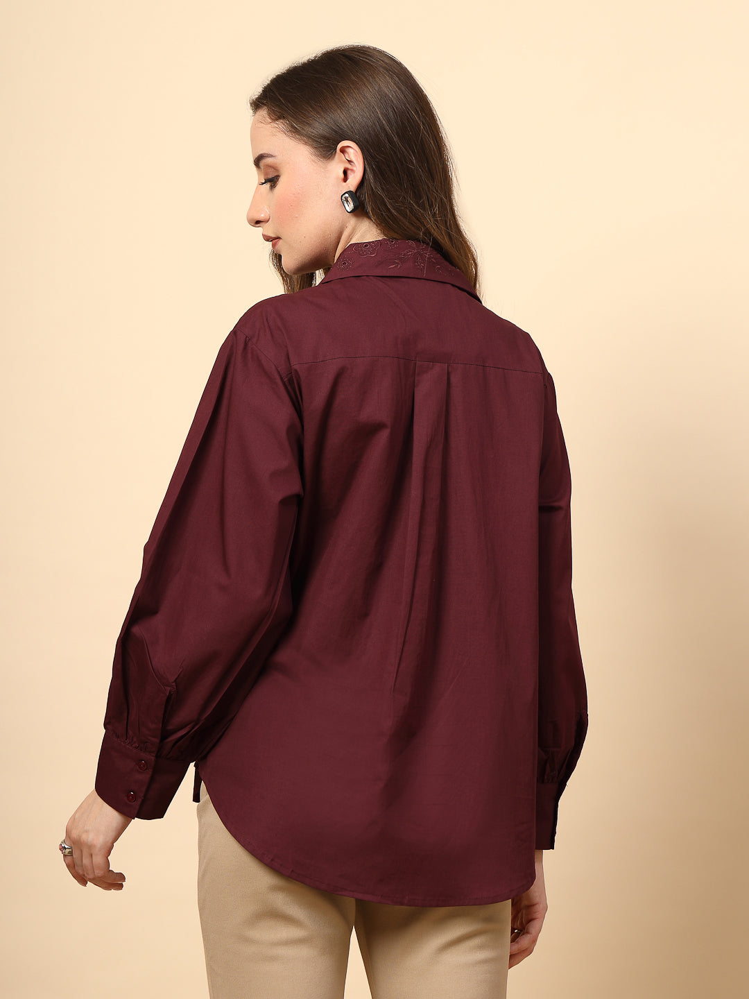 Wine Cotton Shirt with Embroidery