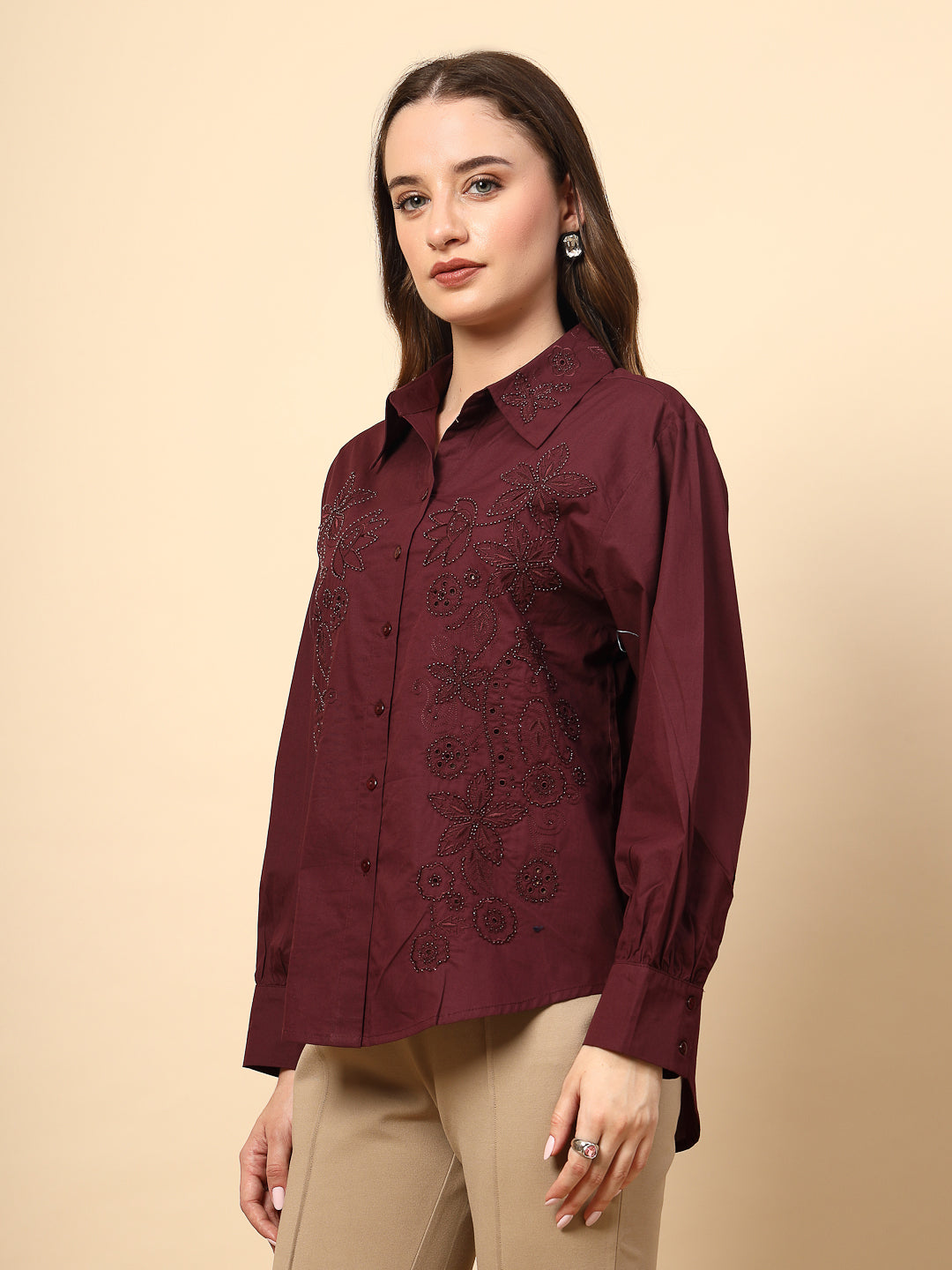 Wine Cotton Shirt with Embroidery