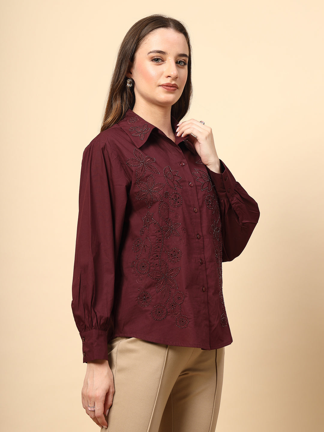 Wine Cotton Shirt with Embroidery