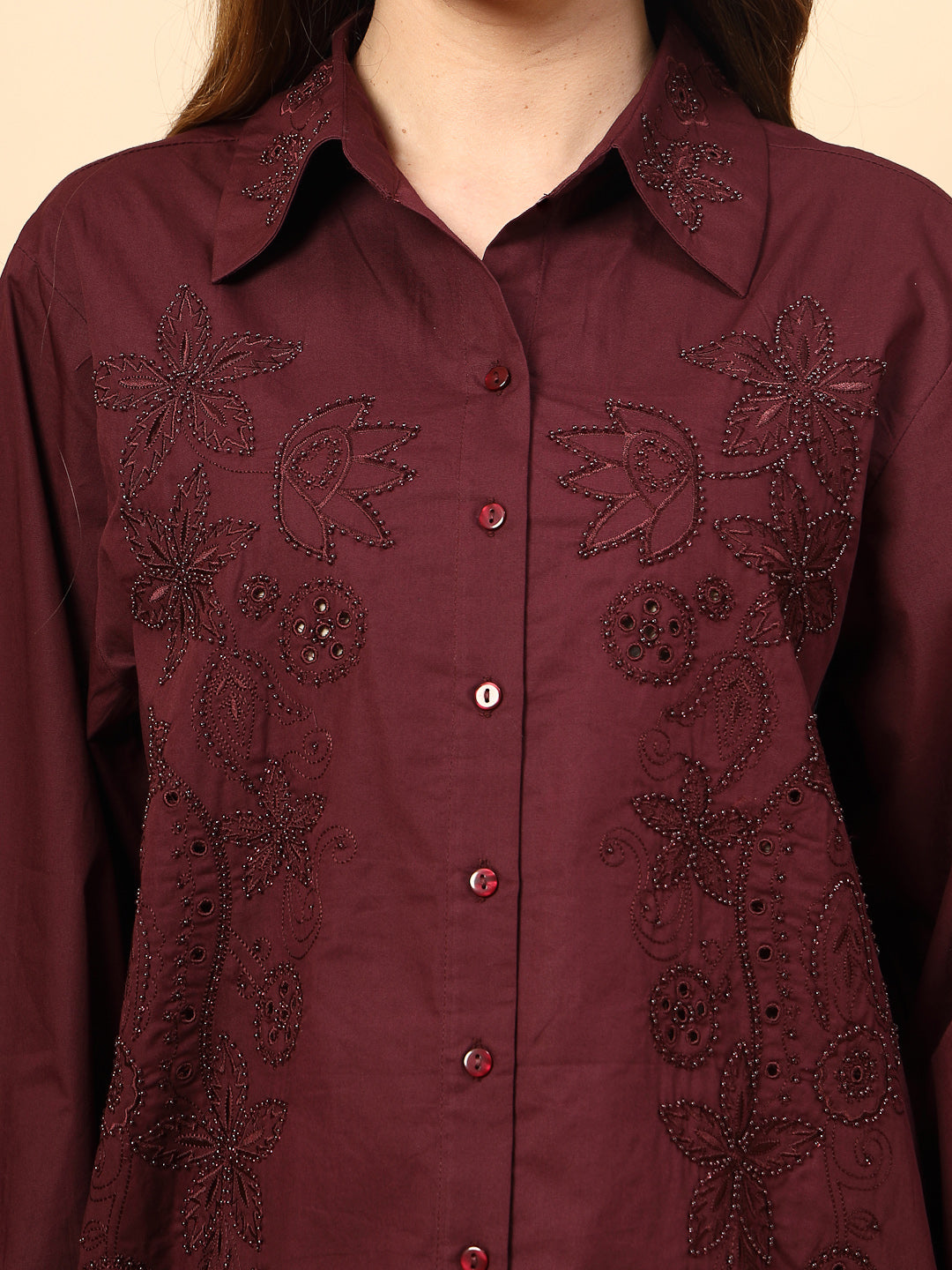 Wine Cotton Shirt with Embroidery