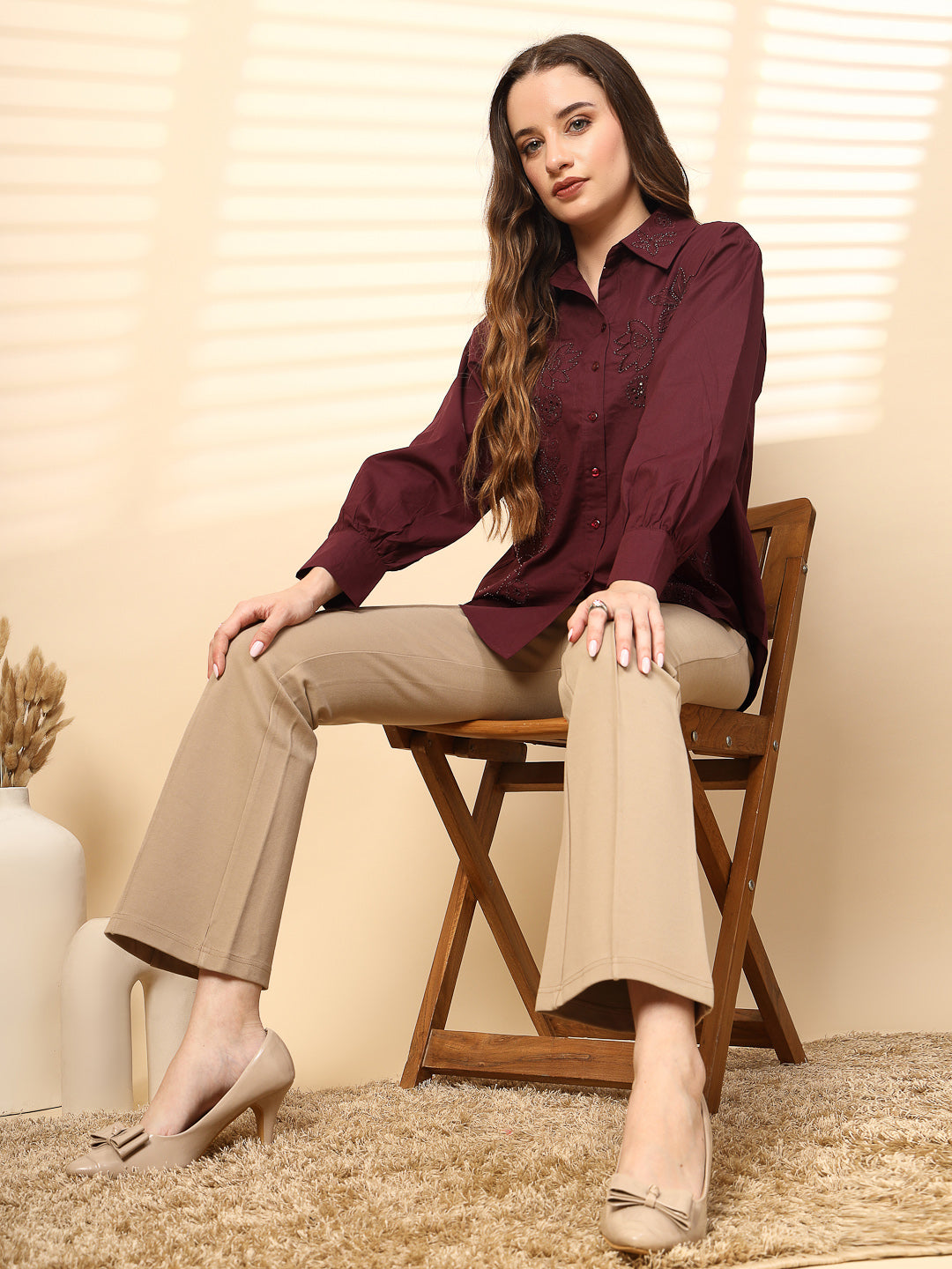 Wine Cotton Shirt with Embroidery